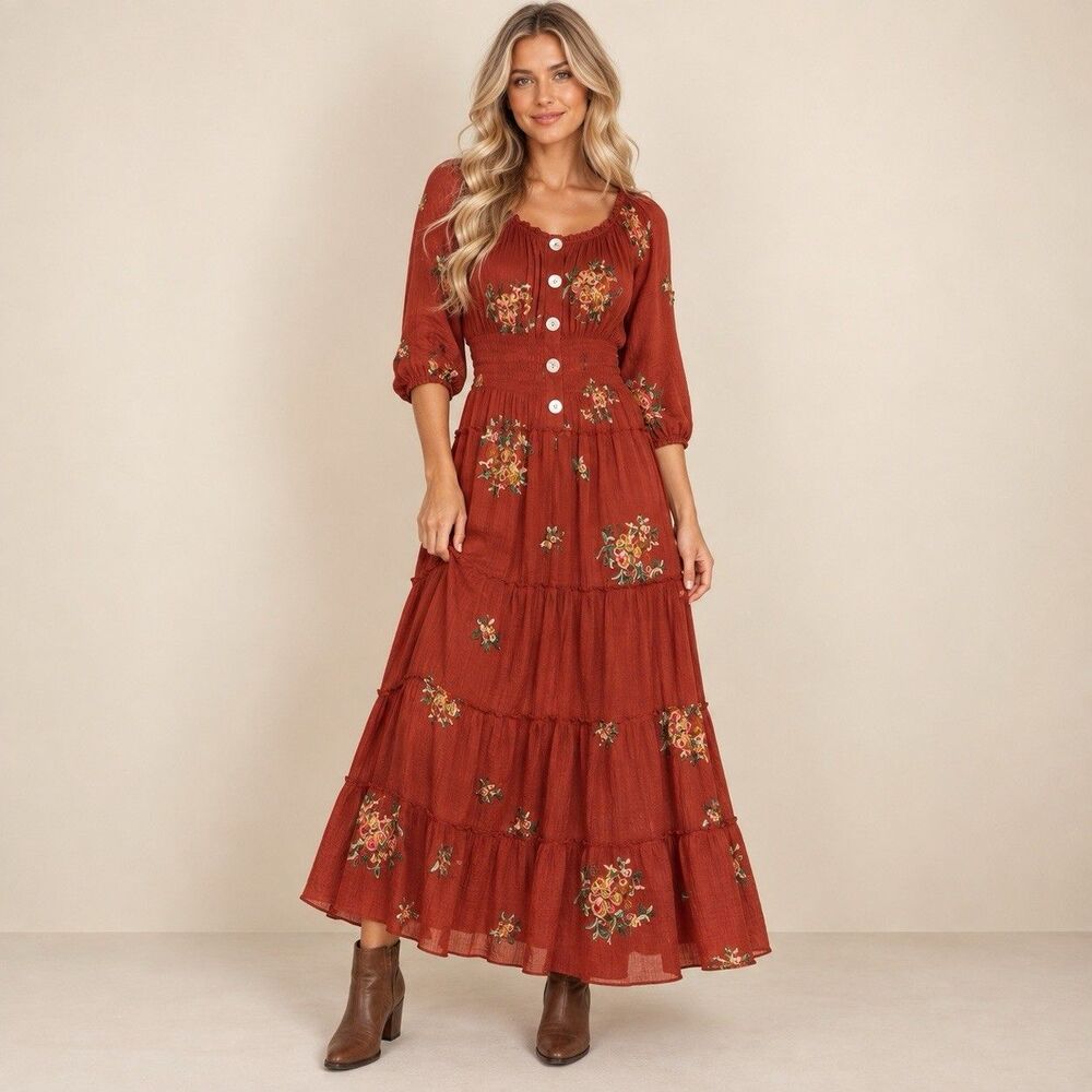 Anthropologie Fig & Flower Dress Small Embroidered Floral Smocked Boho Maxi
